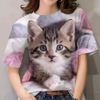 Футболки Overzise для женщин 2024 3d Cute Cat Print O-Neck с коротким рукавом Футболки Топы Kawaii Повседневные футболки Эстетические топы для женщин XXS