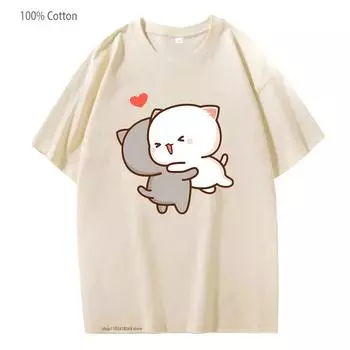 Футболки Peach and Goma Mochi Cat Love, женские футболки с героями мультфильмов Kawaii для девочек, повседневные модные топы с коротким рукавом из 100% хлопка XS