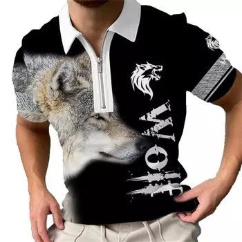 Футболки-поло на молнии с 3d принтом волка, мужская спортивная одежда, футболка с животным узором, летние поло с короткими рукавами, топ для мужчин S