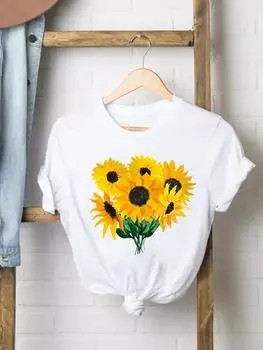 Футболки повседневные с подсолнухом, милая стильная женская футболка 90-х годов, одежда, летняя модная женская футболка с коротким рукавом, обычная футболка с рисунком, одежда S белый