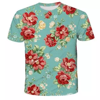 Футболки с 3d цветочным принтом, женские повседневные наряды, пуловер с круглым вырезом, футболка с короткими рукавами для женского топа S