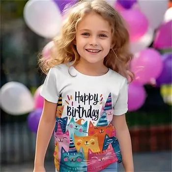 Футболки с 3D котом для девочек, летние модные футболки с короткими рукавами и принтом для активного отдыха, милые повседневные топы из полиэстера для детей 3–14 лет, открытый день рождения 110 синий