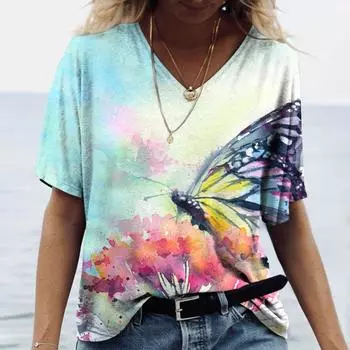 Футболки с 3D-принтом «Бабочка, цветок», женская футболка с V-образным вырезом, женские свободные топы Y2k, повседневная женская винтажная одежда, уличная одежда S