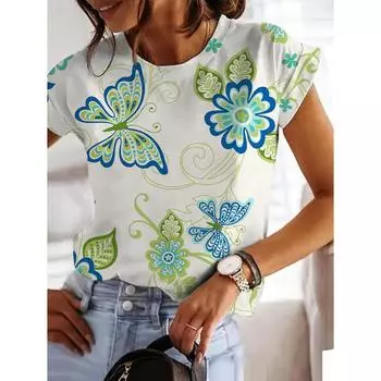 Футболки с 3d принтом бабочки, модные повседневные топы с короткими рукавами, повседневная блузка с круглым вырезом для отдыха, летние свободные футболки для женщин S