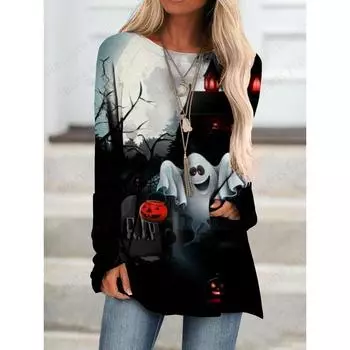 Футболки с 3D-принтом Happy Halloween, женская мода, футболки с длинным рукавом, футболки с принтом в виде букв, повседневные длинные туники, женские топы XS