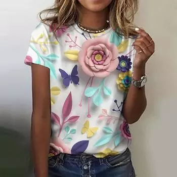Футболки с 3D-принтом и цветными бабочками, винтажные топы, женские спортивные повседневные свободные футболки с круглым вырезом и короткими рукавами S