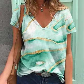 Футболки с 3D-принтом и градиентным принтом «Капля воды» для женщин, футболка с V-образным вырезом, короткий рукав, уличная одежда Harajuku, свободная футболка, женская одежда S