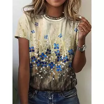 Футболки с 3D-принтом «Летние цветы», женская уличная одежда, повседневная футболка с круглым вырезом Y2K Harajuku, свободные футболки Y2K, женская одежда XS