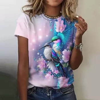Футболки с 3D-принтом «Летние птицы» с цветочным принтом для женщин, повседневная футболка с короткими рукавами и круглым вырезом, футболки Y2k Harajuku, топы, женская одежда S