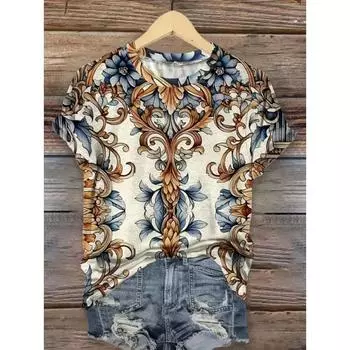 Футболки с 3D-принтом, летняя новая, с круглым вырезом и короткими рукавами, дышащая легкая ткань для женщин, повседневная спортивная футболка, топ S