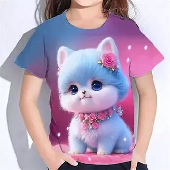 Футболки с 3D-принтом с животными, летние новые повседневные детские футболки, милая мультяшная модная одежда для девочек, футболки с коротким рукавом, топы для девочек 100
