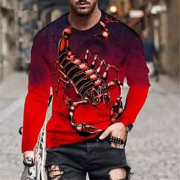 Футболки с 3D-принтом «Скорпион» с длинным рукавом и круглым вырезом, модные мужские футболки с рисунком животных, уличные свитера, топы, свободные повседневные мужские футболки S