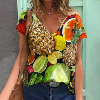 Футболки с 3D-принтом «Тропические растения и фрукты», летняя женская футболка с V-образным вырезом, топ Y2k, уличная одежда Harajuku, свободные футболки, женская одежда S
