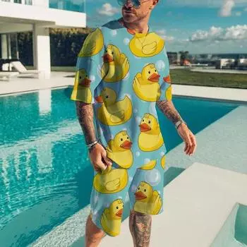 Футболки с 3D принтом «Забавные утки и панда», шорты, комплекты, мужская повседневная модная футболка большого размера с короткими рукавами, комплект брюк, мужские костюмы, одежда S