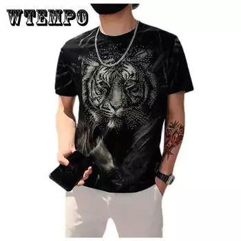 Футболки с 3D тигровым принтом High Street, модные индивидуальные футболки с бриллиантовым блеском, летние повседневные рубашки с круглым вырезом и короткими рукавами, мягкие топы XXXL чёрный