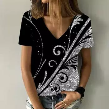 Футболки с абстрактным цветочным принтом 3D, женская мода, барокко, цветочные, свободного покроя, с V-образным вырезом, женская уличная одежда, женские футболки, топы S