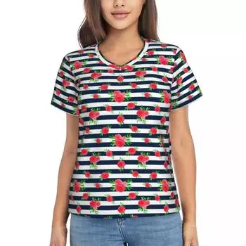 Футболки с акварельными розами, сине-белая полосатая футболка с v-образным вырезом, повседневная футболка большого размера, женская футболка в стиле хип-хоп с короткими рукавами, летняя одежда XL