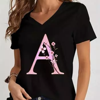 Футболки с английскими буквами, 3D-принт, женская футболка с коротким рукавом, V-образный вырез, уличная одежда, большие размеры, женские футболки в стиле Харадзюку, верхняя одежда S