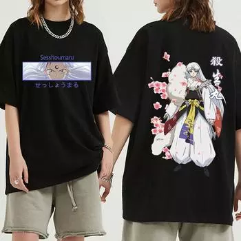 Футболки с аниме «Демон Инуяша», мужские и женские модные повседневные уютные футболки с короткими рукавами, футболка «Manga Sesshoumaru Higurashi Kagome», уличная одежда S чёрный