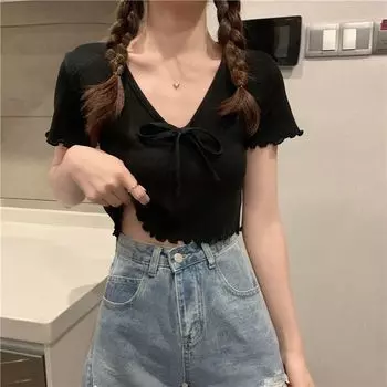 Футболки с бантом для женщин, однотонные повседневные футболки для девочек, один размер, летняя уличная одежда с v-образным вырезом и короткими рукавами suit 40-60kg белый