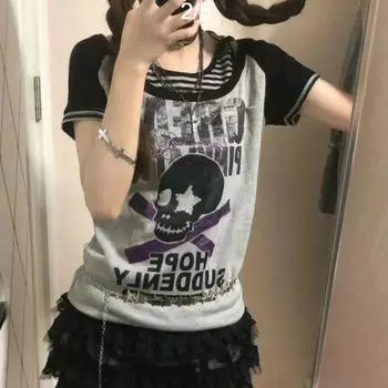 Футболки с черепами, женская уличная одежда в стиле панк, эстетика 2000 года, футболка для девушек в стиле гранж, готика, укороченный топ, узкая летняя одежда, графическая футболка S чёрный