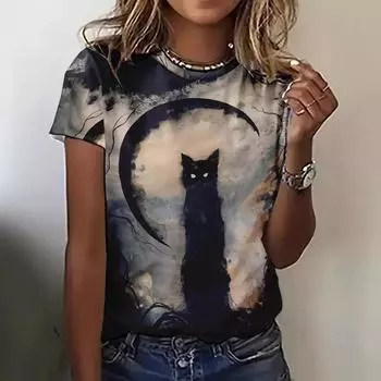 Футболки с цифровым 3D-принтом Animal Series, мужские и женские футболки с короткими рукавами, топ с круглым вырезом и милым котом S