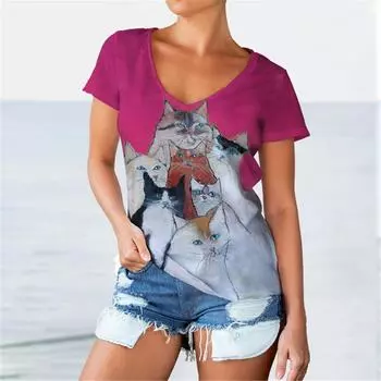 Футболки с цифровым 3D-принтом, женские универсальные пуловеры с коротким рукавом, летние дизайнерские повседневные женские топы Harajuka с V-образным вырезом 4XL