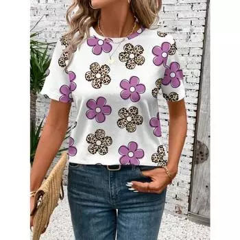 Футболки с цветочным принтом 3D, летние, новые, с круглым вырезом и короткими рукавами, дышащая легкая ткань для женщин, повседневная спортивная футболка, топ S