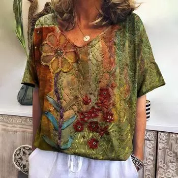 Футболки с цветочным принтом 3D, женская мода, винтажная уличная одежда с цветочным принтом, короткий рукав, V-образный вырез, женские футболки, топы, женская одежда S