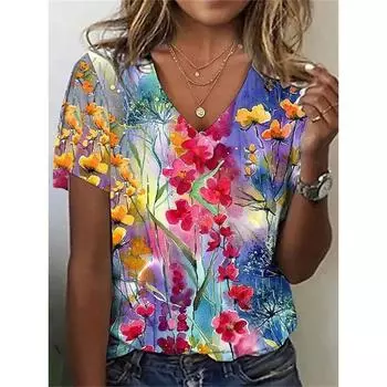 Футболки с цветочным принтом 3D, женская уличная одежда, летняя футболка Harajuku, топы Y2k, футболки с V-образным вырезом, женская одежда больших размеров S