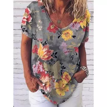 Футболки с цветочным принтом фламинго 3D, женская уличная футболка Harajuku, топы Y2k с V-образным вырезом, футболки с коротким рукавом, женская свободная одежда S