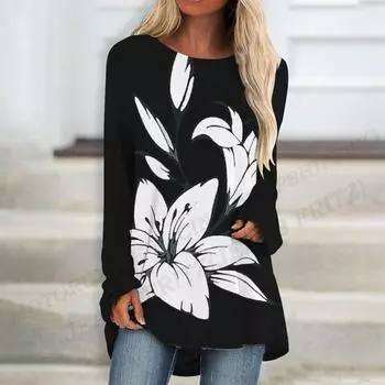 Футболки с цветочным принтом, футболка с длинным рукавом с 3d принтом, женская модная футболка, длинная футболка, женские топы, туники с длинными рукавами, цветочные топы S