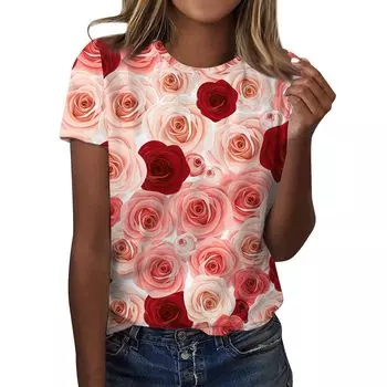 Футболки с цветочным принтом «Роза», женская модная футболка с коротким рукавом и круглым вырезом, Y2k Harajuku, футболки больших размеров, топы, женская одежда S