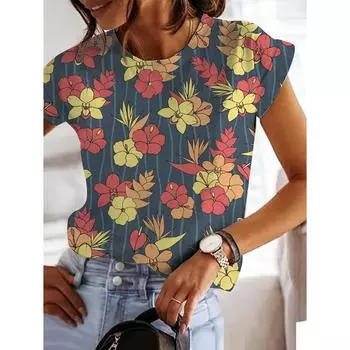 Футболки с цветочным принтом в стиле ретро, женские футболки с короткими рукавами, модные свободные повседневные футболки с принтом, женские топы, пуловеры, блузка, лето S