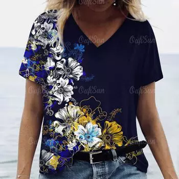 Футболки с цветочным принтом, женские уличные рубашки с короткими рукавами, летняя футболка, женская мода, повседневные футболки с v-образным вырезом, женская одежда большого размера 3XL