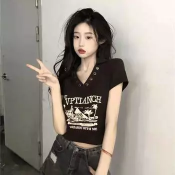 Футболки с дизайном Y2K для девочек, уличная одежда для тренировок, топы для вечеринок, сексуальные женские футболки, футболка для активного отдыха для женщин, повседневные клубные футболки с коротким рукавом, V-образный воротник S