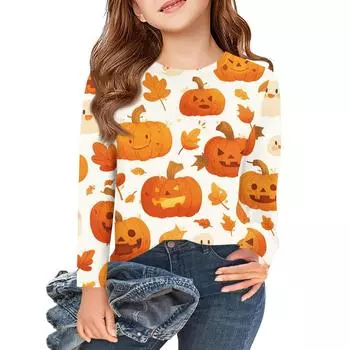 Футболки с длинным рукавом для девочек, детские осенние топы, круглый вырез, с принтом на Хэллоуин, базовые футболки 3-9 лет 160