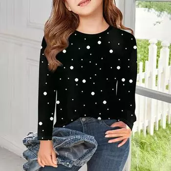 Футболки с длинным рукавом для девочек, детские осенние топы, простые футболки с круглым вырезом и принтом в крапинку, 5–14 лет 110 чёрный