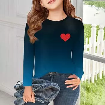 Футболки с длинным рукавом для девочек, детские осенние топы с круглым вырезом и градиентом, базовые футболки для детей 5–14 лет 110 синий