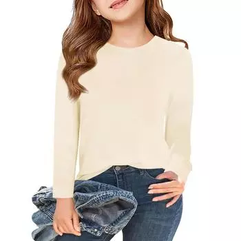 Футболки с длинным рукавом для девочек, детские осенние топы с круглым вырезом, базовые футболки для детей 5–14 лет 110 бежевый
