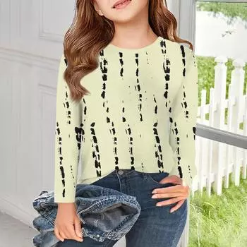 Футболки с длинным рукавом для девочек, детские осенние топы, простые футболки с круглым вырезом и полосатым принтом, 5–14 лет 110 бежевый