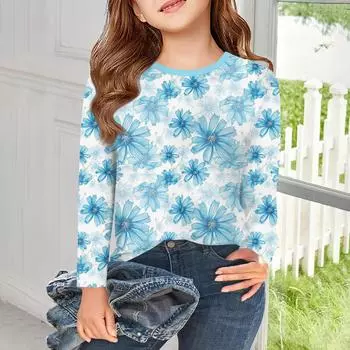 Футболки с длинным рукавом для девочек, детские осенние топы с круглым вырезом и принтом, базовые футболки для детей 5–14 лет 110 синий