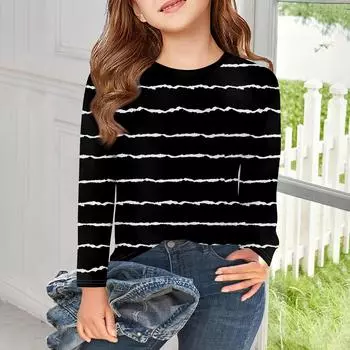 Футболки с длинным рукавом для девочек, детские осенние топы с круглым вырезом и принтом, базовые футболки для детей 5–14 лет 110 чёрный