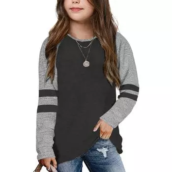 Футболки с длинным рукавом для девочек, детские осенние топы, базовые футболки с круглым вырезом One Size чёрный