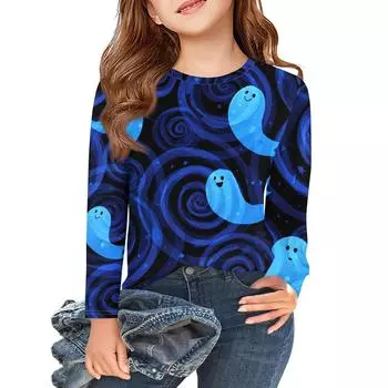 Футболки с длинным рукавом для девочек, детские осенние топы, круглый вырез, с принтом на Хэллоуин, базовые футболки 3-9 лет 140