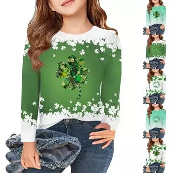 Футболки с длинным рукавом для девочек, детские осенние топы с круглым вырезом и принтом, базовые футболки для детей 5–14 лет 110 армия зеленый