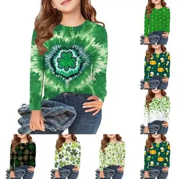 Футболки с длинным рукавом для девочек, детские осенние топы с круглым вырезом и принтом, базовые футболки для детей 5–14 лет 110 темно-зеленого