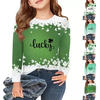 Футболки с длинным рукавом для девочек, детские осенние топы с круглым вырезом и принтом, базовые футболки для детей 5–14 лет 110 армия зеленый