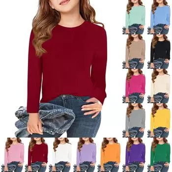 Футболки с длинным рукавом для девочек, детские осенние топы с круглым вырезом, базовые футболки для детей 5–14 лет 150 бежевый