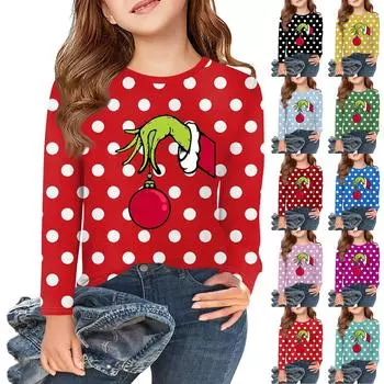 Футболки с длинным рукавом для девочек, детские осенние топы с круглым вырезом и принтом Wave Point, базовые футболки для детей 5–14 лет 160